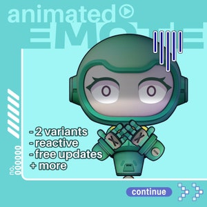May include: Animated 3D character with a green helmet and a blue and white striped background. The character has its arms crossed and is wearing green gloves with an X on each glove. The text "animated" and "EM" are visible in the background. The text "2 variants", "reactive", "free updates", and "more" are also visible in the background.