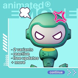 May include: Animated green robot with a red angry emoji on its head. The robot has white eyes and a yellow chest plate. The text "animated emoji" is at the top of the image. The text "2 variants", "reactive", "free updates", and "more" are listed below the robot. The text "continue" is at the bottom of the image.