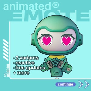 May include: Animated green robot emoji with heart eyes and crossed arms. The text "animated emote" is in the background. The text "2 variants", "reactive", "free updates", and "more" is listed below the robot.