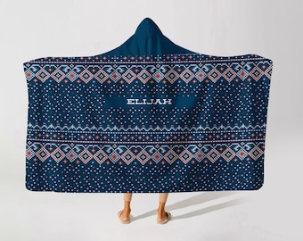 Cozy Hooded Fleece Blanket, Personalised Name Blanket with Blue Christmas Sweater Pattern, Customizable Fleece Throw Blanket with Hood, Gift