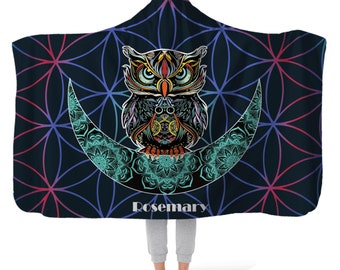 Personalized Hooded Blanket with Owl & Moon Mandala Pattern, Customizable Name Fleece Throw Blanket with Hood, Gift