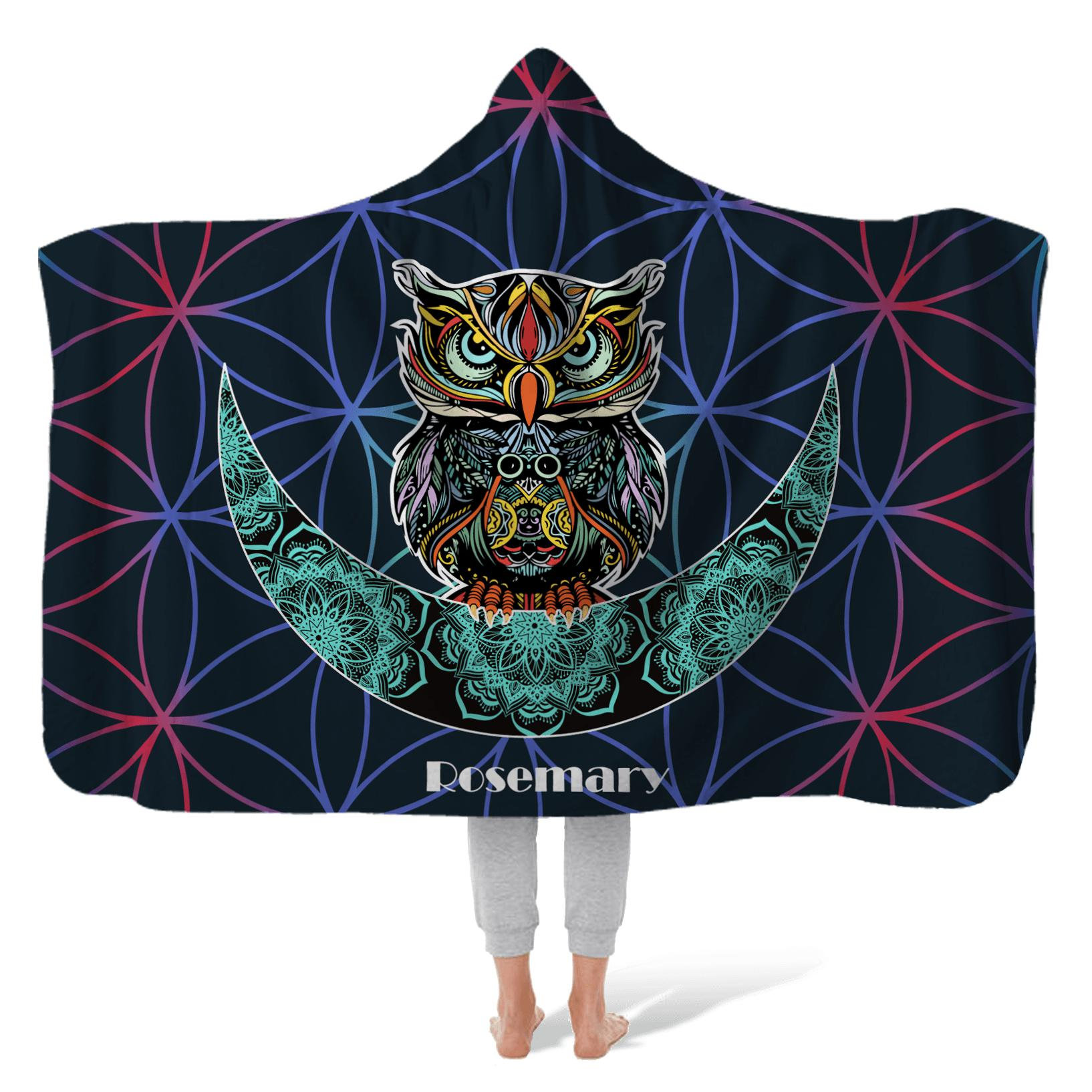 Personalized Hooded Blanket with Owl & Moon Mandala Pattern, Customizable Name Fleece Throw Blan