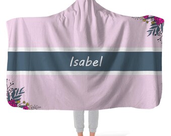 Cozy Hooded Fleece Blanket, Personalised Name Blanket with Pink Peddling Pattern, Customizable Fleece Throw Blanket with Hood, Gift