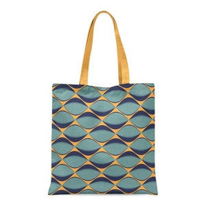 May include: A yellow tote bag with a blue and green geometric pattern. The pattern is made up of repeating curved shapes.