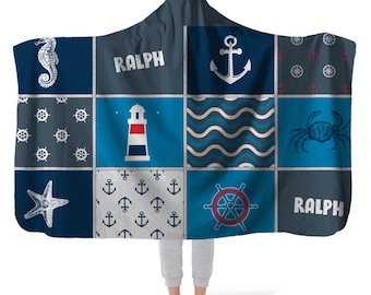 Cozy Hooded Fleece Blanket, Personalised Name Blanket with Nautical Maritime Theme Pattern, Minky Fleece Throw Blanket with Hood, Gift
