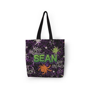 Personalized Halloween Tote Bag Customized Name Canvas Tote Bag for Trick or Treat Spider webs Tote Bag