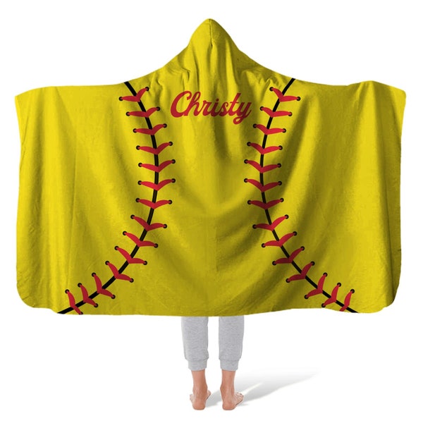 SOFTBALL THROW HOODED - Hooded Fleece Blanket - Minky Fleece Throw Blanket - Fleece Hooded Cozy Warm Sports Event Polyester Blanket