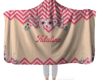 Cozy Hooded Fleece Blanket, Personalised Name Blanket with Pleasant in Pink Pattern, Minky Fleece Throw Blanket with Hood, Gift