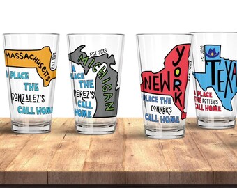 HOME STATE GLASSES - Usa State Map Beer Pint Glass - Custom Home States Barware Glasses - Home State Gift - Handmade 16 Oz Beer Glass
