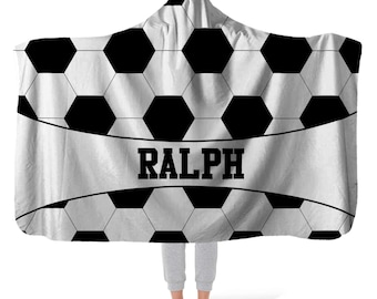 Personalized Soccer Hooded Fleece Blanket, Custom Name Throw Blanket, Sports fan personalized gifts for him