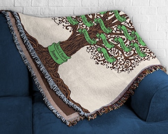 May include: A woven throw blanket with a beige background and a brown tree design. The tree has green leaves and green banners with names written on them. The names on the banners are: Alex, Ichi & Dudu, Petritia, Courtney, Petritia, David, Mike, Hana & Mike, Hana & Mike, Janet & David, Jonson, Shirly, and David.