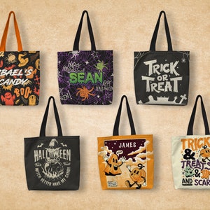 Personalized Halloween Tote Bag Customized Name Canvas Tote Bag for Trick or Treat Goodie gift Bags