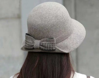 Chapeau de laine fait à la main, chapeau de seau en laine pour femmes, chapeau d’hiver printemps automne pour fille, chapeau cloche réglable, chapeau élégant pour femmes, cadeau pour elle.