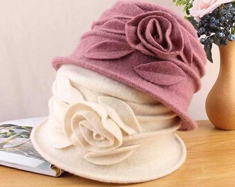 Chapeau de laine florale pliable fait à la main, chapeau de seau en laine pour femmes, chapeau d’hiver d’automne de printemps pour fille, chapeau élégant pour femmes, chapeau cloche, cadeau