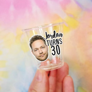Personalized Phrase and Face Birthday Shot Glasses: Custom Party Favors