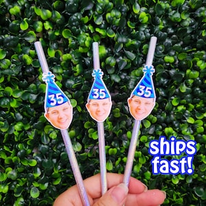 Custom Head Birthday Straws, Custom Birthday Photo Decorations, Face Straws and Face Confetti, Personalized Birthday Banner Any Age