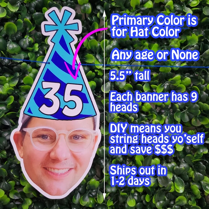 May include: A blue and white party hat with the number 35 on it. The hat is 5.5 inches tall and has a face on it. The text "Primary Color is for Hat Color" is written on the right side of the image. The text "Any age or None" is written below the first text. The text "Each banner has 9 heads" is written below the second text. The text "DIY means you string heads yourself and save $$$" is written below the third text. The text "Ships out in 1-2 days" is written below the fourth text.
