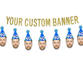 Custom Glitter Letter Banner, Custom Photo Banner with Party Hat and Any Age | Personalized Decorations