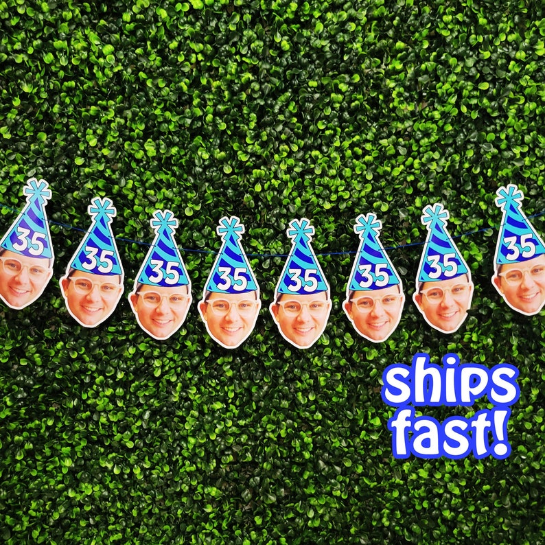 May include: A blue and white birthday banner with the number 35 on each pennant. The banner features a photo of a person wearing a party hat on each pennant. The text "ships fast!" is written in blue on a white background.