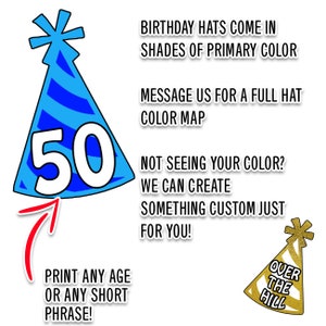 May include: A blue and white striped party hat with the number 50 on it. The hat is decorated with a star on top. The text "PRINT ANY AGE OR ANY SHORT PHRASE!" is below the hat. The text "BIRTHDAY HATS COME IN SHADES OF PRIMARY COLOR MESSAGE US FOR A FULL HAT COLOR MAP NOT SEEING YOUR COLOR? WE CAN CREATE SOMETHING CUSTOM JUST FOR YOU!" is on the right side of the image. A gold and white striped party hat with the text "OVER THE HILL" is in the bottom right corner of the image.