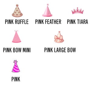May include: A set of ten pink party hats and tiaras, including a pink ruffle hat, a pink feather hat, a pink tiara, a pink bow mini hat, a pink large bow hat, and a pink hat with a star on top.