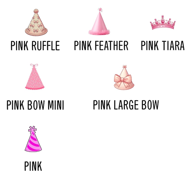 May include: A set of ten pink party hats and tiaras, including a pink ruffle hat, a pink feather hat, a pink tiara, a pink bow mini hat, a pink large bow hat, and a pink hat with a star on top.