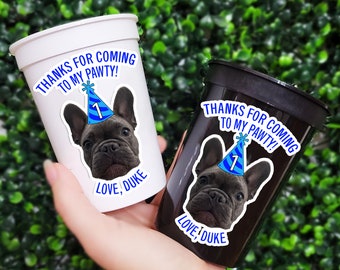 Birthday Pawty Dog Head Cups, Custom Birthday Cups, Personalized Any Birthday Decorations with optional Party Banner, Straws and Confetti