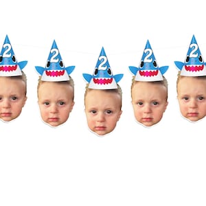 Shark Two Two Two Year Old Themed Birthday Party Face Banner wearing Shark Birthday Hat with optional Face Straws and Confetti, 2nd Birthday