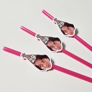 Custom Face Birthday Straws, Face Wearing Birthday Hat Party Favors, Plastic Face Straws for Birthday Party, Leopard Print Birthday Party