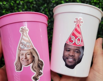 Birthday Face Cups, Custom Birthday Cups, Personalized Any Birthday Decorations with optional Party Banner, Straws and Confetti Package