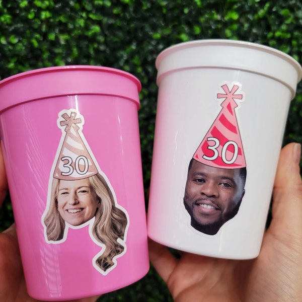 Birthday Face Cups, Custom Birthday Cups, Personalized Any Birthday Decorations with optional Party Banner, Straws and Confetti Package