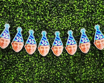 Custom Face Banner | Party Hat with Age Photo Banner, Personalized Birthday Party Decorations