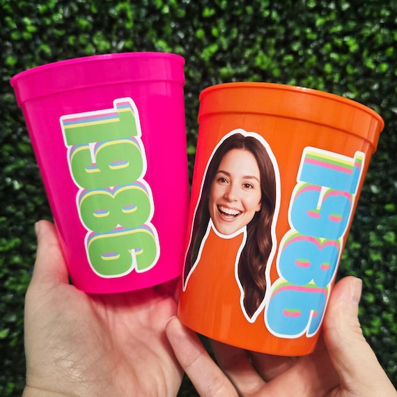 Custom Birthday Cups with Photo and Year, Personalized Picture Milestone Party Favors