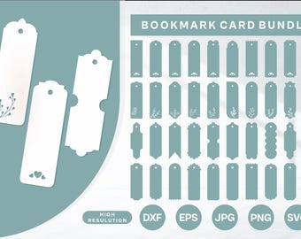 Puede incluir: Un conjunto de 30 plantillas de tarjetas de marcapáginas imprimibles en varias formas y estilos. Las tarjetas son blancas con un fondo azul claro. El texto "BOOKMARK CARD BUNDLE" está en la parte superior de la imagen. El texto "HIGH RESOLUTION" está en la parte inferior izquierda de la imagen. El texto "DXF, EPS, JPG, PNG, SVG" está en la parte inferior derecha de la imagen.