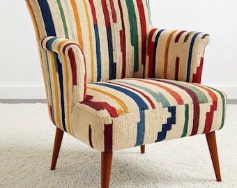Kleurrijke fauteuil in Marokkaanse stijl – Moderne gestreepte accentstoel – Handgemaakt statement meubel