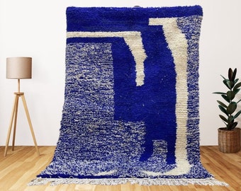 Real Wool Beni Ourain Rug Blue White, Moroccan Rug Handwoven, Handmade Authentic Rug