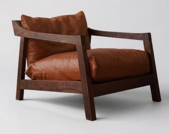 Mid-century moderne leren loungestoel, massief houten fauteuil met walnoothouten frame, luxe accentstoel, handgemaakte woonkamermeubels