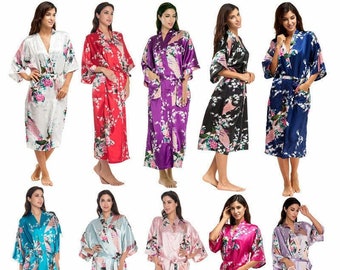 Kimono Robe Long OR Short Premium Woman Bohemian Floral Print Kimono Satin Peacock Bridesmaid Bridal Shower Women Floral Dressing Gown Gift