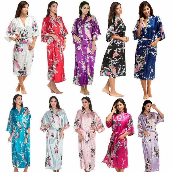 Kimono Robe Long OU Short Premium Femme Boho Floral Imprimé Kimono Satin Paon Demoiselle d’honneur Douche Nuptiale Femmes Floral Robe de Chambre Cadeau