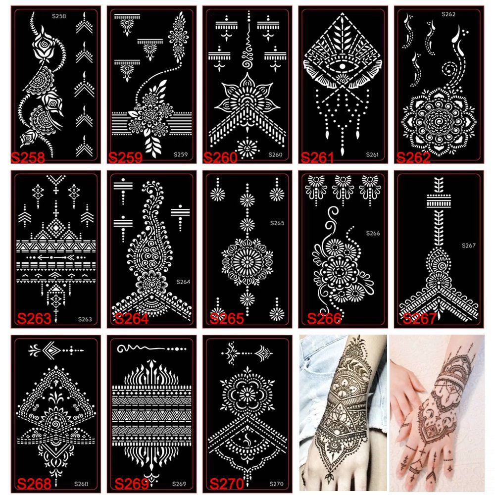 Henna Tattoo Stencil Kit,16 Sheets Henna Tattoo sticker for hands,legs, and  other parts of the body. Glitter Airbrush Diy Tattooing Template, Indian