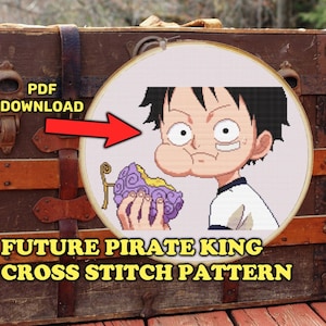 May include: A cross stitch pattern featuring a cartoon character with black hair, a white shirt, and a purple fruit. The pattern is titled "Future Pirate King Cross Stitch Pattern" and includes a PDF download option.