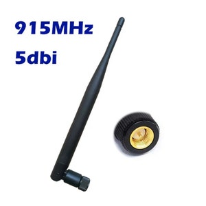 May include: A black 915MHz 5dbi antenna with a gold-plated connector. The antenna is about 10 inches long and has a right-angle connector.
