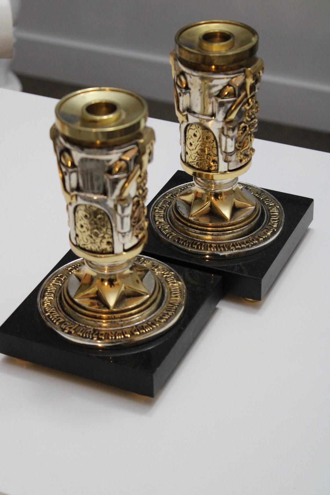 Pair of Judaica Candlesticks by Frank Meisler, Silver and Gold Plate ...