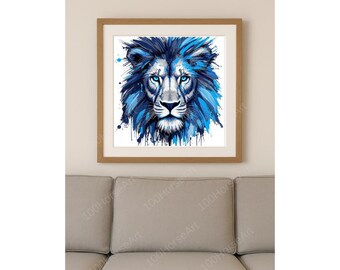 Lion Digital Art – Modern Blue Ink Lion Portrait, Instant Download