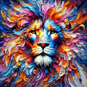 Arte digitale di leone - Ritratto di leone astratto e luminoso con texture a olio, download immediato JPG, PNG