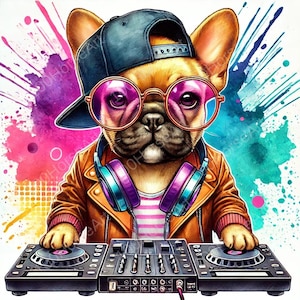 Hundewandkunst - DJ Französische Bulldogge mit Kopfhörern, Pop Art Stil, digitaler Download JPG & PNG