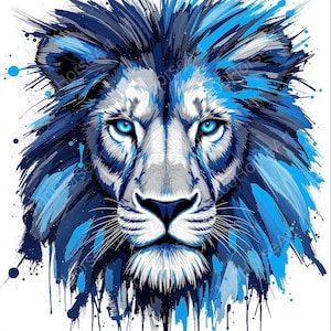 Arte digitale del leone - Ritratto di leone moderno in inchiostro blu, download immediato per la stampa
