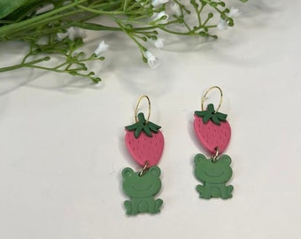 Strawberry Frog Earrings | Spring Earrings | Handmade Polymer Clay Earrings | Strawberry and Frog Hoop Earrings