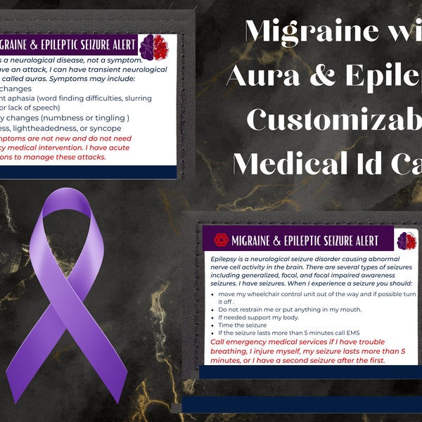 Migraine with Aura & Epileptic Seizure Medical ID Customizable  Downloadable  Printable Alert Card Seizure Migraine Alert advocacy card