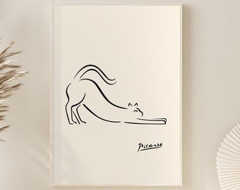 ピカソの猫の線画プリント、動物スケッチ展ポスター、セージグリーンの